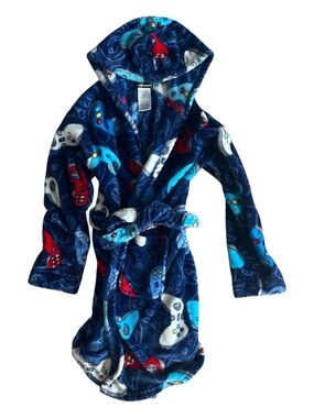Plush Navy Kids Hooded Robe with Game Controller Pattern Size L (12/14)